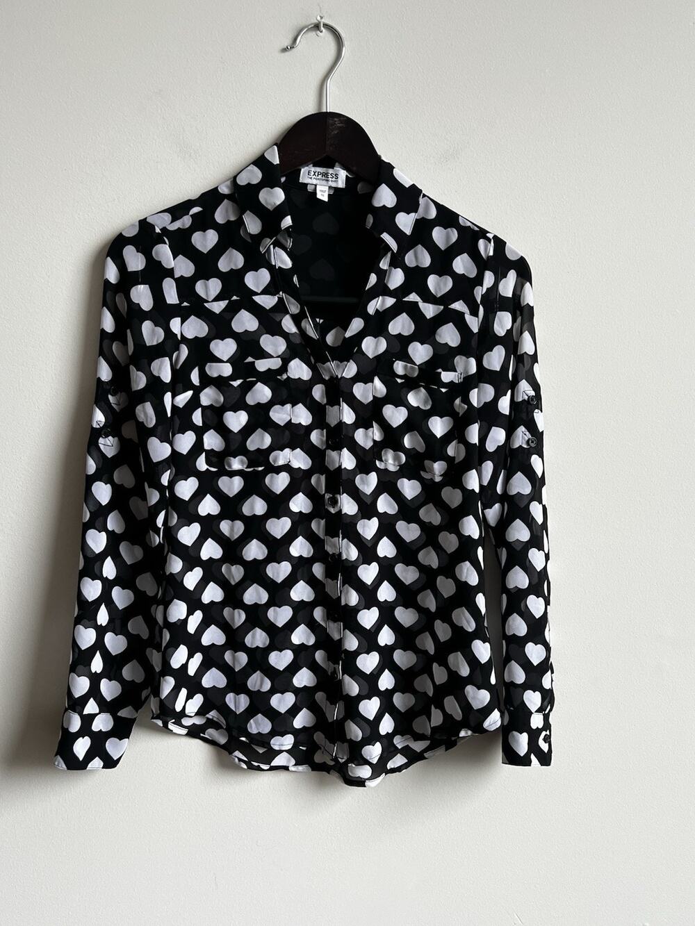 Express Portofino Top XS Hearts Sheer Valentines Button Up Shirt Black White